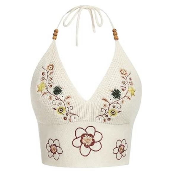 ROMWE Tops - Romwe Crop Knit Embroidered Top Halter Womens Size Large